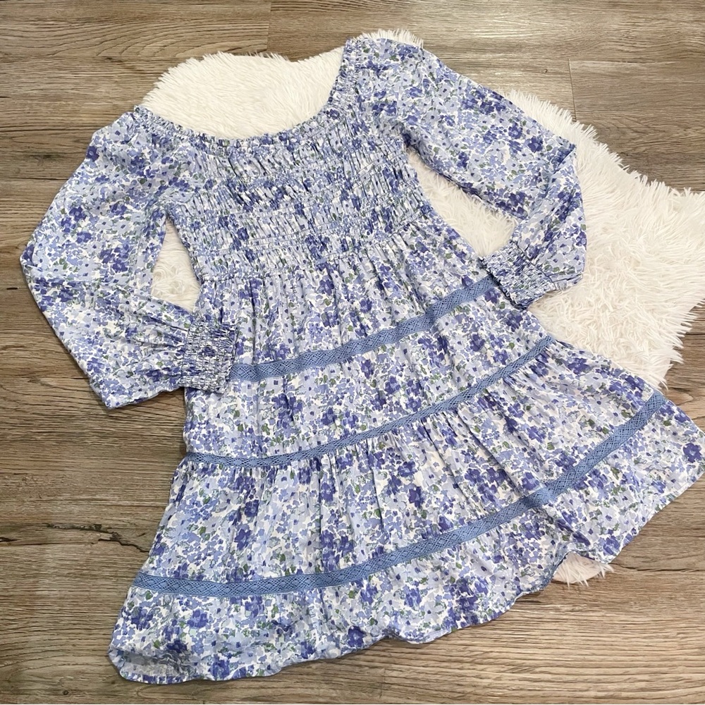 Japna Blue Floral Smocked Off Mini Dress Long Sleeve Cottagecore Garden Party